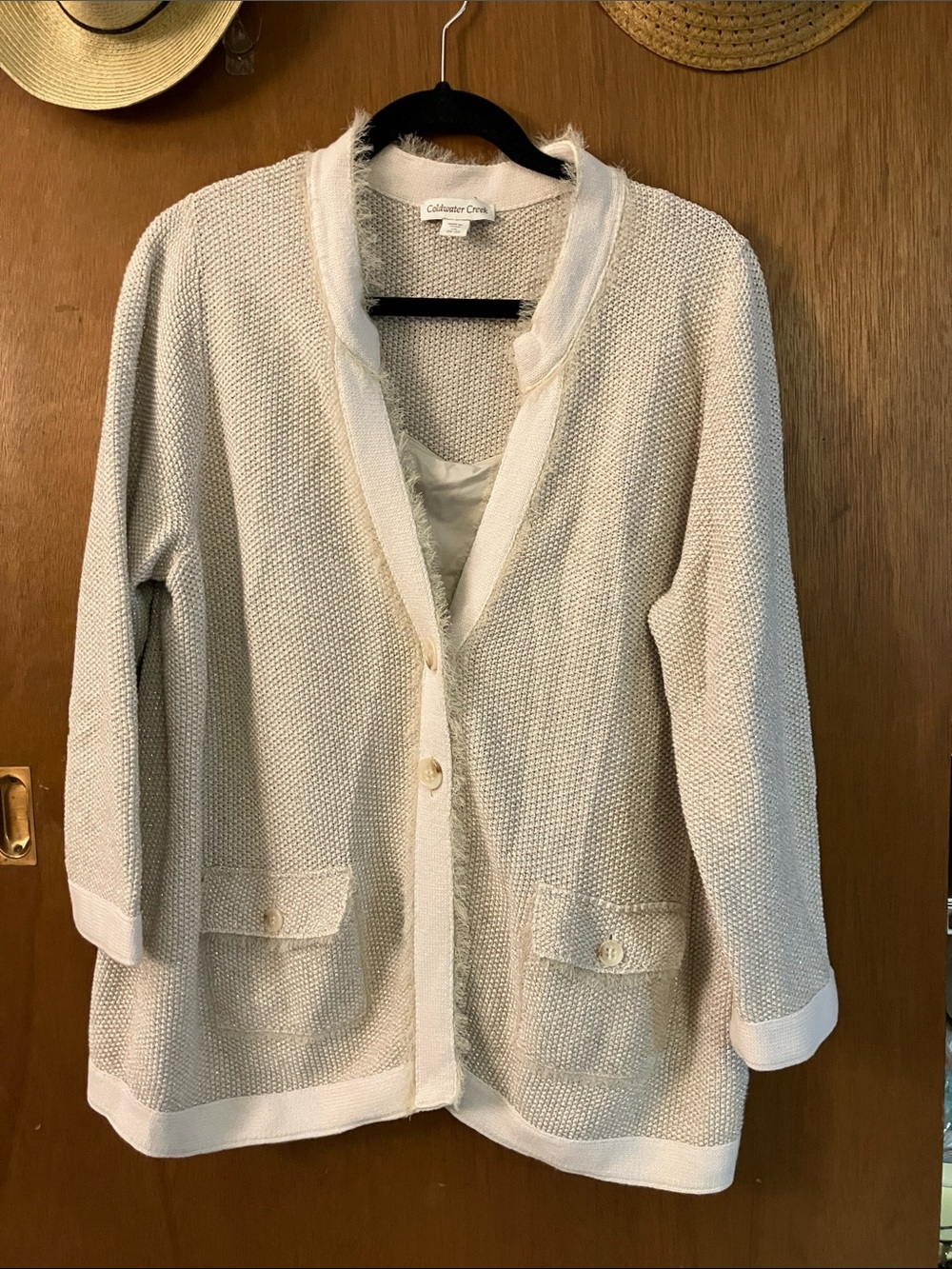Coldwater Creek Cream Open-Weave Button Cardigan with gold flecks